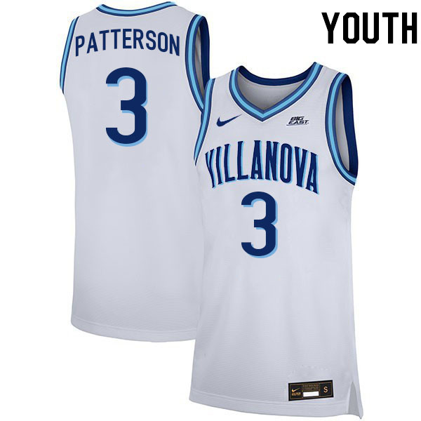 Youth #3 Trey Patterson Willanova Wildcats College 2022-23 Basketball Stitched Jerseys Sale-White